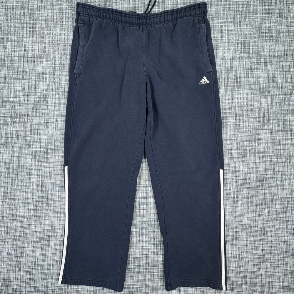 Adidas Mens Sweatpants Large Navy Blue 3 Stripes Fleece Straight Leg Open Hem